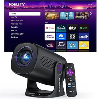 HAPPRUN Roku TV Smart Mini Projector with WiFi and Bluetooth for Portable | Roku Entertainment Built-in, Dolby Audio, Streaming Apps, Auto Keystone Smart Movie Projector for Outdoor & Home Theater