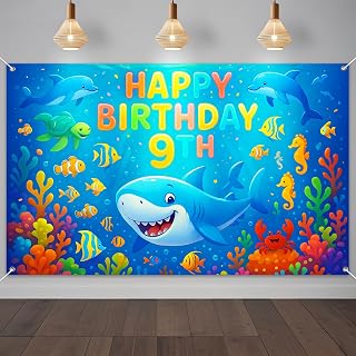 Happy 9th Birthday Banner 71x43 Inch Ocean Under the Sea | Happy 9th Birthday Ocean Theme Under the Sea design for birthday party wall display and photo booth celebration decor