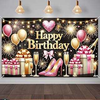 Happy Birthday Banner 71x43 Inch Black Gold Pink Fireworks Balloons | Happy Birthday Black Gold Pink Celebration design for birthday party wall display and photo booth celebration decor