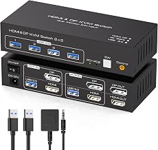 HDMI+Displayport KVM Switch 2 Monitors 2 Computers 4K@60Hz KVM Switcher for Two PC Share Dual Monitors and 4 USB 3.0 Ports Support Extended/Copy Mode with Desktop Controller&2 USB Cables