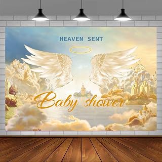 Heaven Sent Baby Shower Backdrop Angel Wings Backdrops, 7x5ft, God Gift Party Photography Background Kids Birthday Party Supplies Cake Table Banner Photo Booth Props BJHYPR0062