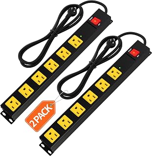 Heavy Duty 6 Outlet Metal Long Power Strip, 2700J Surge Protector with 15A Circuit Breaker, 6FT Extension Cord, Wall Mount for Garage, Workshop & Industrial Use, Wide Spaced (2 Pack 6ft)