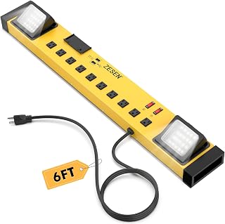 Heavy Duty Metal 10 Outlets 6FT Long Power Strip with LED Worklight, Yellow | Wall Mount Workbench Multi-Outlets Power Strip with 6ft 14/3 AWG Cord, 2 USB Ports ETL Listed for Home Office Garage Workshop