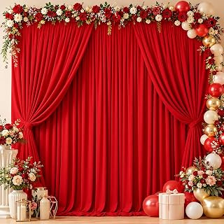 Hemmotop Wrinkle-Free Red Backdrop Curtain Drapes 20x10ft, 4-Pack 5x10ft