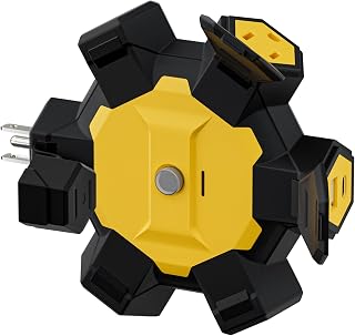 Hexagonal 4-Outlet Outdoor Power Adapter, 6-in-1 Power Hub Outlet Tap, with USB-A & USB-C Charging Port, Resettable 15A Circuit Breaker & Indicator, for Workshop, Jobsite, Garage