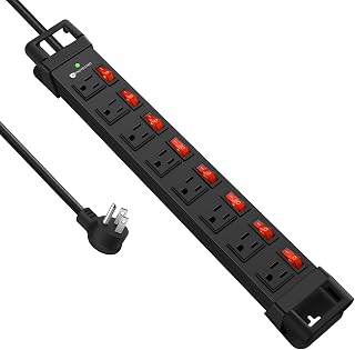 HEZI Heavy Duty Power Strip with 8 Outlets,1200J Surge Protector,Black,10FT | Individual Switch with Multiple Outlets,Wall Mount Plug Extender,Grounding,Garage Power Strip