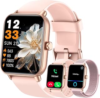 Hingso Smart Watches for Women, 1.85" Fitness Tracker for Android & iPhone | Bluetooth Call & Text Alert, Alexa Built-in, 24/7 Heart Rate/SpO2/Sleep/Cycles Monitor, 120+ Sports, IP68 Waterproof, 2 Bands