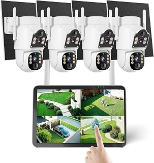 Hiseeu Security Camera, 4MP Solar Security Cameras Wireless Outdoor | Auto Tracking, Dual-Lens, 10" Touchscreen, 2.4 & 5GHz WiFi Pro, 4 Cam-Kit, 2 Way Audio, 500GB HDD, 0 Monthly Fee