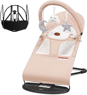 HKAI Baby Bouncer, Portable Baby Bouncer Seat for Babies 0-18 Months, 100% Cotton Fabrics, 3 Modes of use with Rocker and Stationary Options, Infant Rocker Chair with Hanging Toys-Organic Oat