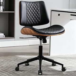 Home Office Chair No Arms with Wheels, Mid Back Walnut Style, Black | Adjustable Height Small Desk Chair, PU Leather Mid Back 360 Swivel Computer Seating, Armless Walnut Office Chair, 300LBS