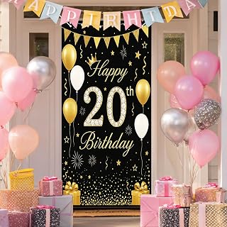 HOMETITUTE 20th Birthday Door Cover 71x35 Inch Black and Gold Birthday Banner for Party Decorations Crown Balloon Gift Backdrop Sign for Women Men Photo Booth Prop Wall Decor