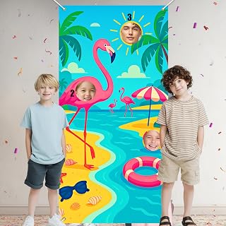 HOMETITUTE Flamingo Photo Door Banner Tropical Beach Backdrop Summer Sun Palm Trees Ocean Scene Kids Birthday Party Pool Party Decoration Supplies Photo Background Indoor Outdoor 35x71 Inch