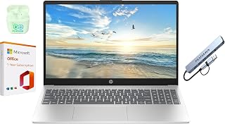 HP 15.6" FHD Business & Student Laptop Computer with 1-Year Office 365 & Copilot AI, Quad-Core Intel Processor, 32GB RAM 640GB Storage (128GB UFS+512GB SD Card), Win 11 H, PLUSERA Docking Hub, Silver