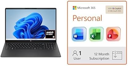 HP OmniBook 3 16 inch Laptop PC, 2K Touchscreen, AMD Ryzen 3 30, 8 GB RAM, 256 GB SSD + Microsoft 365 Personal 12-Month Subscription Bundle