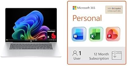 HP OmniBook 5 16 inch Next Gen AI PC, 2K Display, Snapdragon X X1-26-100, 16 GB RAM, 512 GB SSD + Microsoft 365 Personal 12-Month Subscription Bundle
