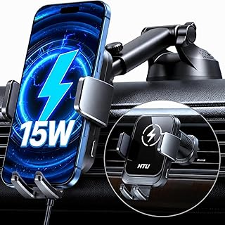 HTU 2026 Upgraded Wireless Car Charger Mount, 【Strongest Suction & Military-Grade Certs】15W Fast Charging Auto-Clamping Phone Holder for Dash Windshield Air Vent, Fit for iPhone & Android, Light Black