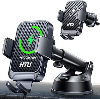 HTU Wireless Car Charger, 15W Auto Clamping Car Charger Dash Windshield Air Vent Phone Holder Compatible with iPhone 17 16 15 14/13/13 Pro/12 pro/12/11/X/8, Samsung S25/S24/S23/S22,etc (Black)