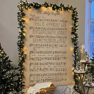 HunnmingRe Oh Holy Night Music Sheet Christmas Backdrop 70.87 x 57.87 Inches Linen Christmas Wall Decor with Pre-Punched Holes & Hanging Rope Vintage Xmas Carol Background Home Decor