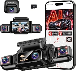 HUPEJOS 4K 360&deg; View Dash Cam Front and Rear, 4 Channel Camera for Cars | Free 128GB Card, AI Driver Monitor System DMS, 5.8G WiFi up to 20MB/s GPS, Night Vision 3.0, Touchscreen, 24H Parking Mode V9