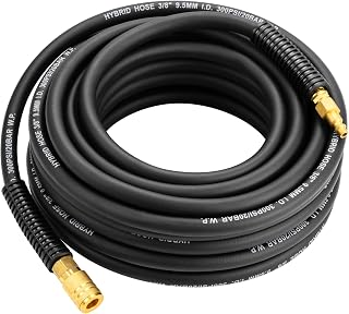 Hybrid Air Hose, 3/8-Inch by 50 Feet Air compressor Hose,Heavy Duty, Lightweight, Kink Resistant, All-Weather Flexibility with 1/4" Industrial Quick Coupler Fittings, Bend Restrictors,300PSI,Black