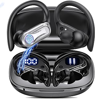 Hybrid Wireless Earbuds Bluetooth 6.1 Headphones, 80H Playtime Hi-Res Stereo Ear Buds with CVC 8.0 ENC Noise Cancelling Mics,IPX7 Waterproof Sports Earphones with Earhook for Running/Workouts - Black