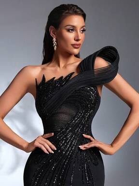 IBTRLY Elegant Black Elastic Fabric Beaded Sequin Slit Formal Gown, Suitable For Evening Party, Wedding, Valentine's Day, Birthday, Graduation, Date, Cocktail Party (Heavily Embellished) (Size Runs Large, Recommend Checking Size Chart)  #PartyGlam