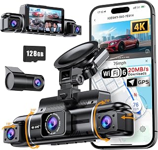 Icesky S03 4K Dash Cam Front Rear Inside Left Right with GPS, Free 128GB SD Card, 5.8GHz WiFi 6 (Up to 20MB/s Download), 4 Channel 360&deg; Dash Camera for Cars, G-Sensor 8 IR Light, Parking Mode, Black