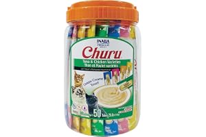 INABA Churu Cat Treats, Lickable, Squeezable Creamy Pur&eacute;e Cat Treat with Green Tea Extract & Taurine, 0.5 Ounces Each Tube, 50 Tubes, Tuna & Chicken Variety