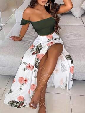 INAWLY Ladies' Solid Color Simple Top And Printed Skirt Set  Flash Sale