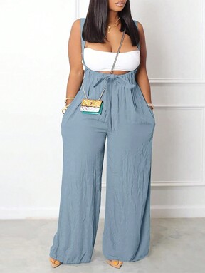 INAWLY Plus Size Women's Summer Solid Color Tie Front Pocket Wide Leg Loose Casual Overalls  Flash Sale