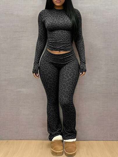 INAWLY Solva Women's Leopard Print Round Neck Long Sleeve Top & Pants Fashion Slim Fit  Pieces Set $13.83