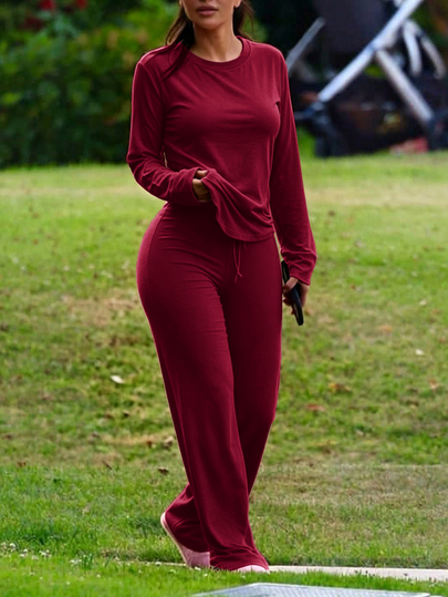INAWLY Solva Women's Minimalist Solid Color Long Sleeve T-Shirt And Pants -Piece Set For Daily Wear $15.43