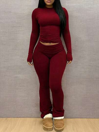 INAWLY Solva Women's Solid Color Fitted Long Sleeve Top And Pants Casual  Pieces Set $13.43