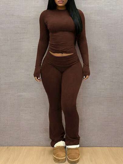 INAWLY Solva Women's Solid Color Long Sleeve T-Shirt And Flare Pants Casual  Pieces Set $14.36