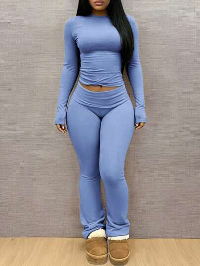 INAWLY Solva Women's Solid Color Pleated Long Sleeve Top And Leggings Casual Daily  Pieces Set $14.79