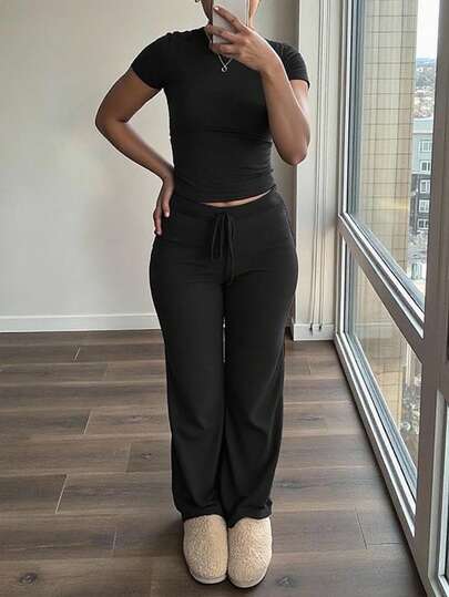 INAWLY Women's Solid Color Crew Neck Short Sleeve T-Shirt And Pants -Piece Casual Set $1.17