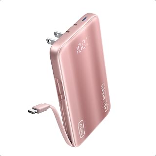 INIU Portable Charger, Slim 45W Fast Charging Power Bank with Built-in AC Wall Plug 10000mAh GaN 3-in-1 Battery Pack, Light Pink