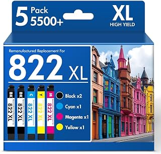 inkalfa Remanufactured Compatible for 822XL Ink Cartridge Combo Pack for 822 for Epson WF-3820 WF-4830 WF-4820 Workforce Pro WF3820 WF-4833 WF-4834 WF-3823 WF 3820 4830 4820 Printer (5 Pack, 2BKCMY)