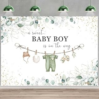 InMemory 7x5ft Baby Shower Backdrop Banner Greene Leaves Theme Party Decorations A Little Boy is On The Way Background for Photography Cute Gender Sign Backdrops Photo Booth Props