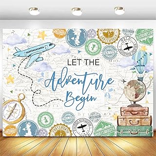 InMemory Adventure Awaits Backdrop Vintage Blue Green World Map Photography Background Begin Travel Theme Birthday Bridal Wedding Baby Shower Party Decoration Banner 6x4ft