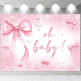 InMemory Bow Baby Shower Backdrop Party Decorations Oh Baby Sign Banner Pink Bows Watercolor Coquette Photography Background Newborn Gender Reveal Decor Backdrop 6x4ft