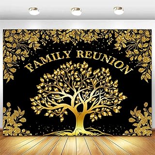 InMemory Family Reunion Backdrop Glitter Gold and Black Family Tree Leaves We are Family Members Together Gathering Party Decoration Banner Photography Background 7x5ft