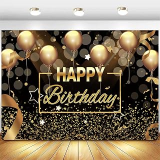 InMemory Happy Birthday Backdrop Shining Diamond Birthday Party Decorations Banner Glitter Black Gold Balloons Bokeh Sequins Bday Sign Photography Background Photo Props 6x4ft