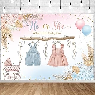 InMemory He or She Gender Reveal Backdrop Boho Blue Pink Cute Clothes Boy or Girl Baby Sign Decorations Banner Pregnancy Reveal Surprise Theme Party Photography Background 7x5ft