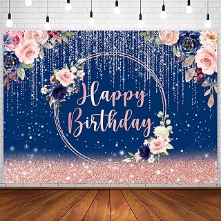 InMemory Navy Blue Pink Floral Birthday Backdrop for Women Ladies Wreath Rose Flowers Bday Party Decorations Photography Background Glitter Dripping Beads Photo Prop Sign Cake Table Banner 7x5ft