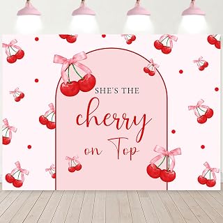 InMemory She's The Cherry On Top Backdrop for Baby Shower Cherries Bridal Shower Bachelorette Birthday Party Decorations Banner Coquette Bow Girls Women Photography Background Photo Props 5x3ft