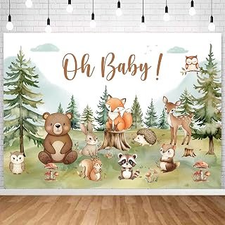 InMemory Woodland Baby Shower Backdrop Oh Baby Banner Forest Mountain Wilderness Animals Nature Neutral Babyshower Party Decorations Photography Background 6x4ft