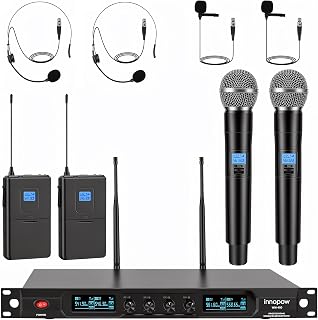 innopow 4-Channel Wireless Microphone System, Quad UHF Metal Cordless Mic, 2 Handheld Mics, 2 Bodypack Mics, Long Distance150-200Ft, Fixed Frequency, 16 Hours Use for Karaoke Singing, Church