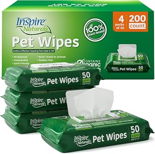 Inspire Naturals Pet Wipes for Dogs and Cats 100% Natural Plant Based with Organic Antioxidants, Dog Wipe Cleaning Deodorizing | Cat Wipes | Puppy Wipes | Dog Wipes for Paws and Butt (200ct - 4 Pack)