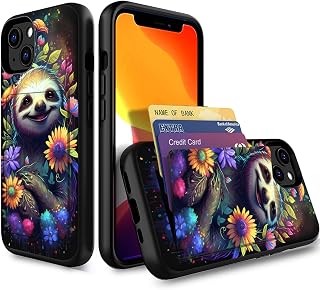 for iPhone 15 Case,Wallet Case Hidden Card Slot Holder Shockproof TPU and PC Dual Layer Protective Case Cover for iPhone 15 6.1 Inch 2023,Flowers Baby Sloth